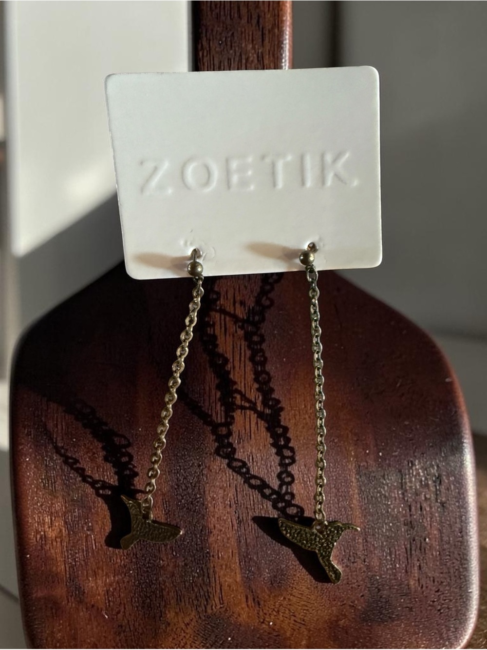 Zoetik Hummingbird drop earrings. Antique bronze